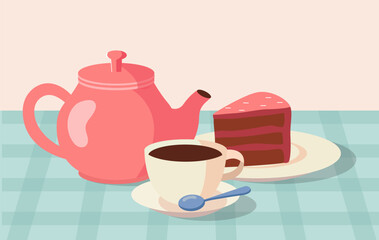 Tasty breakfast time. Cup of tea with slice of cake. Dessert and delicacy. Morning eating and food. Hot drink and candy products. Flat vector illustration isolated on white background