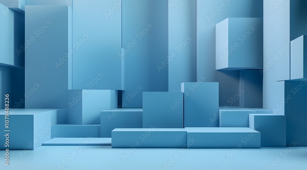 Poster a minimalist blue geometric scene with various 3d shapes and structures.