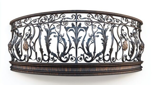 Beautifully crafted iron balcony railing, intricate details casting soft shadows, blank background