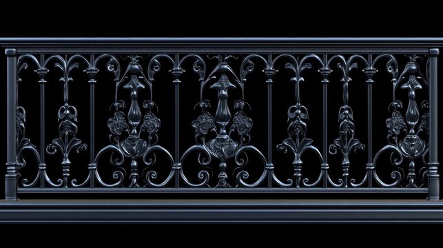Beautifully crafted iron balcony railing, intricate details casting soft shadows, blank background