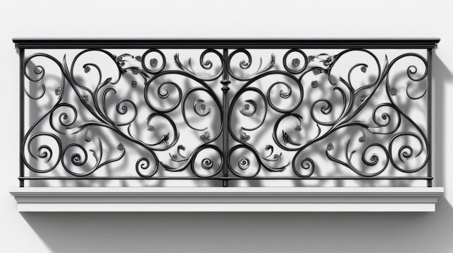 Beautifully crafted iron balcony railing, intricate details casting soft shadows, blank background