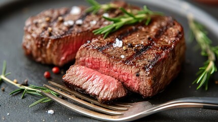 Close-up of two juicy grilled steaks with rosemary and peppercorns on a fork.