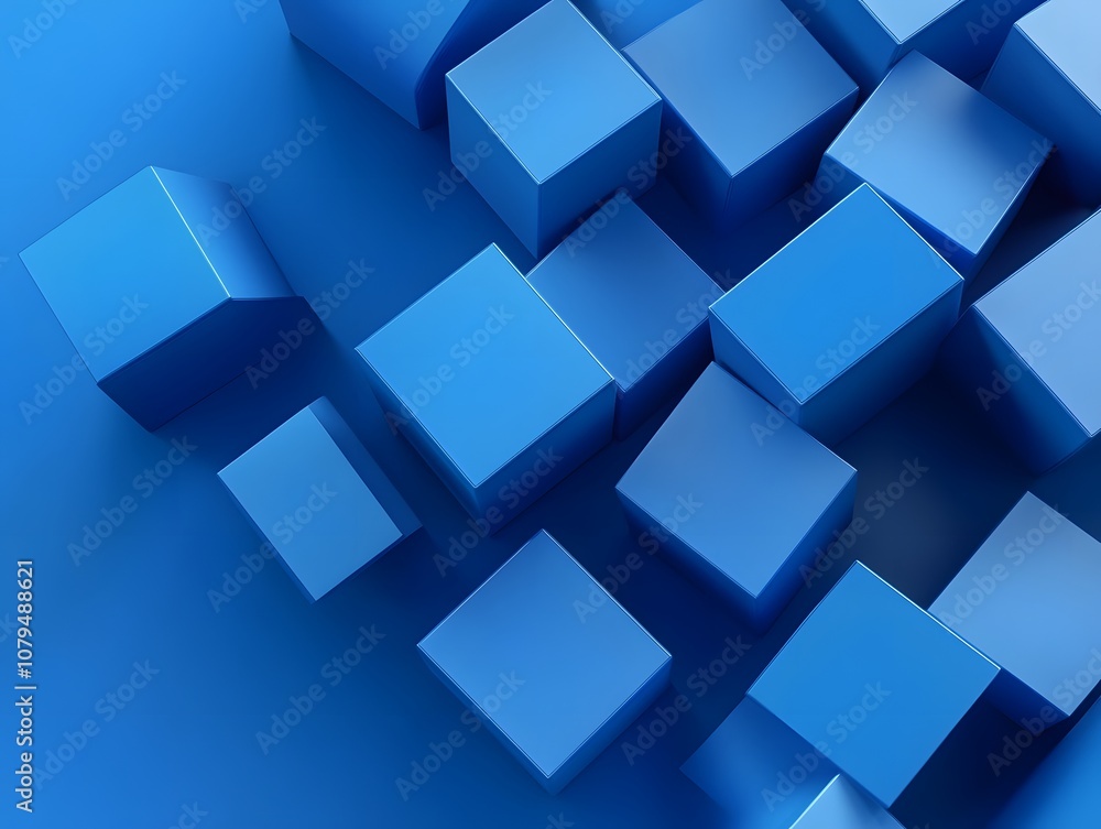 Poster a collection of blue geometric cubes arranged in an abstract pattern.