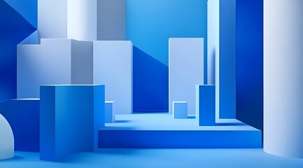 A minimalistic blue geometric landscape with various shapes and shadows.