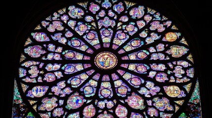 Beautifully ornate stained glass window, tall and colorful, casting vibrant patterns, with copy space in the center
