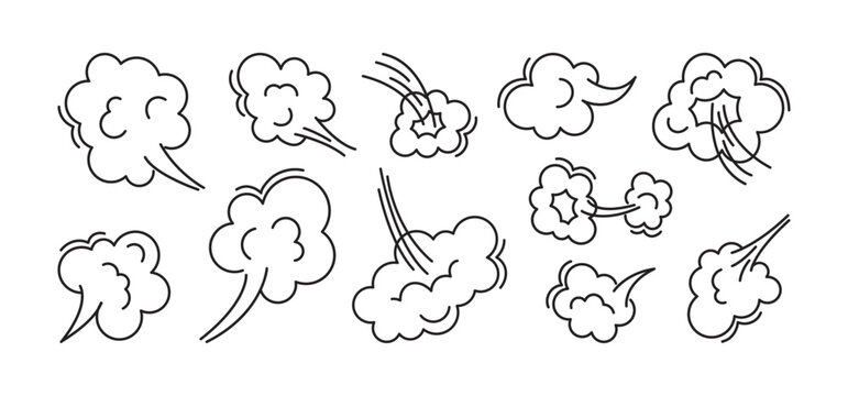 Comic fart smoke , cartoon line cloud, puff dust icon, air poof, speed breath, jump doodle smell outline design. Whoosh wind, gas boom sign isolated on white background. Motion vector illustration