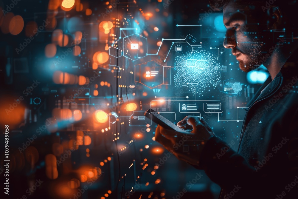 Poster businessman using smartphone for ai chatbot communication in a hyper-detailed cinematic style