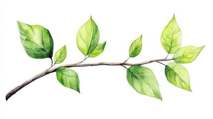 Fototapeta premium Green leaves on a branch, watercolor illustration, white isolate background.