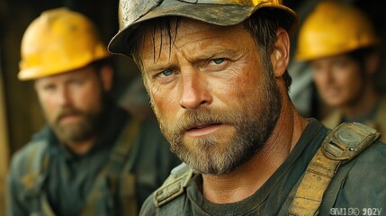 Obraz premium Close-up portrait of a determined construction worker with a beard, looking directly at the camera, with two other workers in the background.