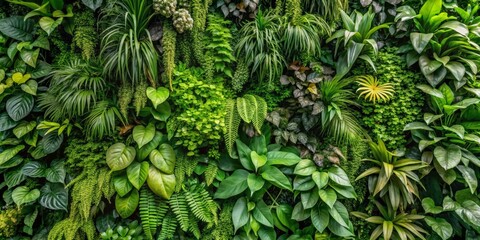 Obraz premium Lush Green Vertical Garden Wall with Varied Foliage, Nature, Plant Wall