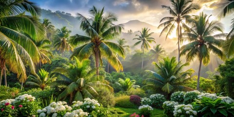 Fototapeta premium Golden Light Through Tropical Palm Trees, Sunrise, Lush Greenery, Tropical Paradise, Tropical Forest, Nature, Travel
