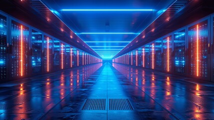 Futuristic Data Technology Center with Blue Lights and AI Server Racks