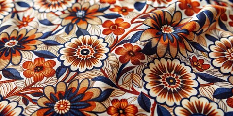 Close-up of Wrinkled Orange and Blue Floral Fabric, fabric texture, floral pattern, textile