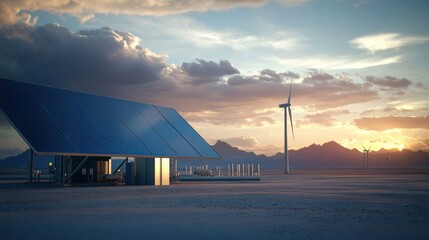 A serene landscape featuring solar panels and wind turbines at sunset, promoting renewable energy.