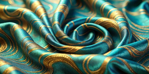 Abstract Teal and Gold Fabric Swirl, Texture, Design ,fabric ,pattern