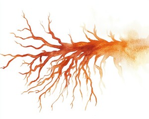 Intricate watercolor illustration of tree roots, orange and brown tones, white background.