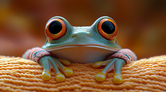 Large-eyed frog resting on yellow fabric