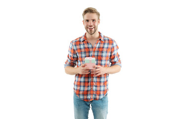 Happy man with present box. Man holding gift box. Holiday celebration. Happy birthday. Shopping sale on holiday. Young man with present isolated on white. Millennial man having birthday gift