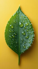 Fototapeta premium A close-up of a green leaf with water droplets on a yellow background.
