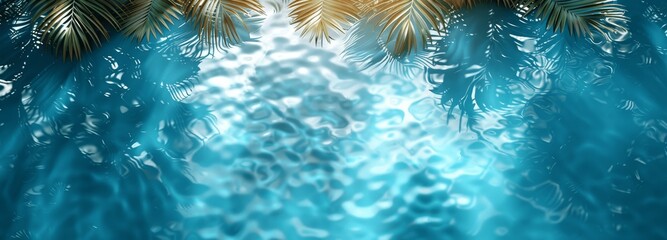 Palm Leaves Shadow on Water Surface, Tropical Beach Abstract Background, Light Blue and White Banner for Summer Vacation