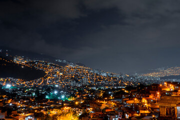 Medellin, Antioquia, Colombia. October 10, 2022. Famous District 13 of Medellin, Colombia, South America at night