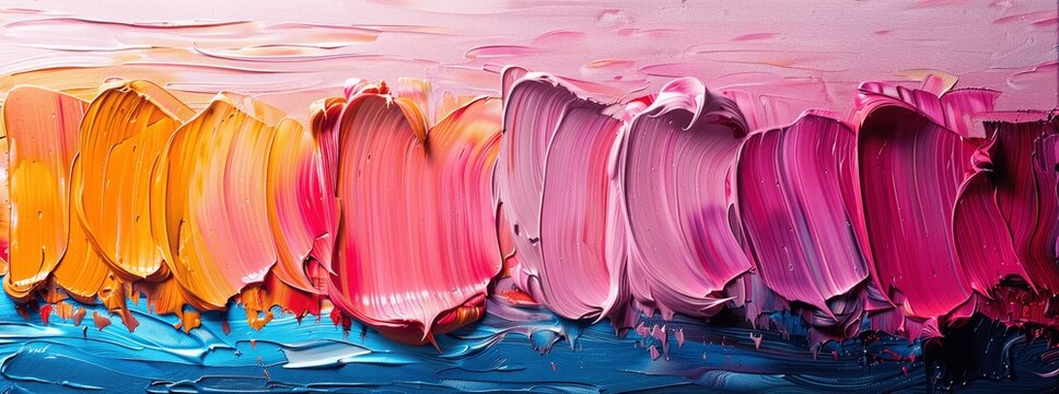 Abstract colorful oil painting texture with brushstrokes on canvas, detailed close-up view with pink, orange, blue, and purple palette