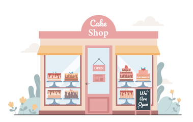 Cake shop concept. Store with cakes and cupcakes. Pastry, bakery and candy products. Small business and urban infrastructure. Dessert and delicacy. Flat vector illustration