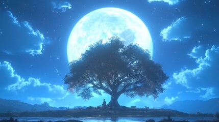 A lone figure sits under a large tree illuminated by a full moon.