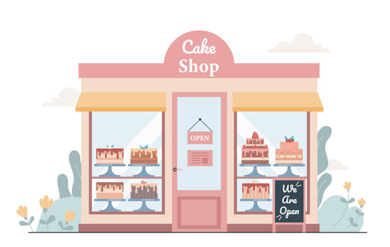 Cake shop concept. Store with cakes and cupcakes. Pastry, bakery and candy products. Small business and urban infrastructure. Dessert and delicacy. Flat vector illustration