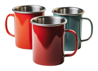 PNG Colorful metal camping mugs arranged on a table