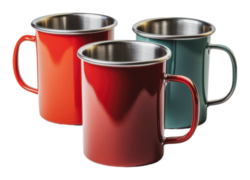 PNG Colorful metal camping mugs arranged on a table