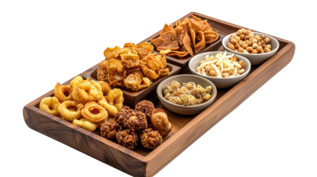 Beer fried snack platter on wooden tray on white transparent background

 - Powered by Adobe