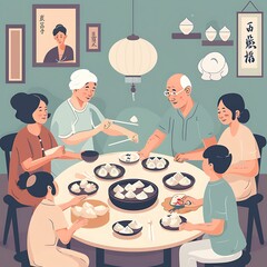 family gathered around a table making and eating dumplings