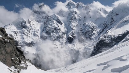 Snowy mountain peaks covered with clouds and mist, with rocky slopes and a clear blue sky, grandeur...