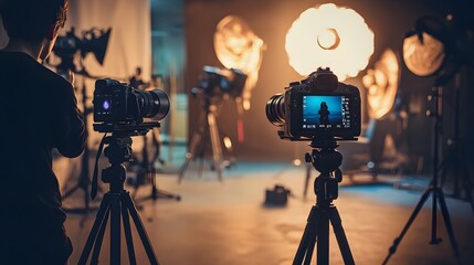 Fototapeta premium A dynamic photography setup with cameras, tripods, and lighting equipment, where a photographer is adjusting the focus to capture a stunning landscape shot.A dynamic photography setup with cameras, tr