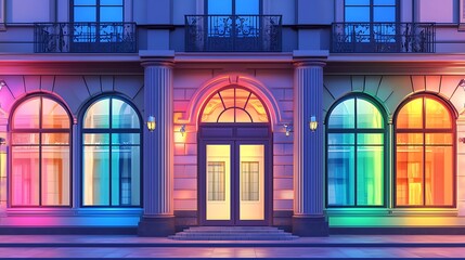 A colorful building facade with illuminated windows and a grand entrance.