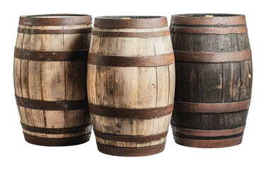 PNG Three wooden barrels on display