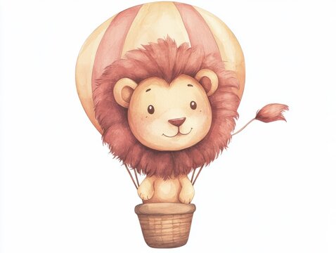 recommend clip art: Cute watercolor cartoon lion flying on a hot air balloon, clipart illustration with isolated white background.