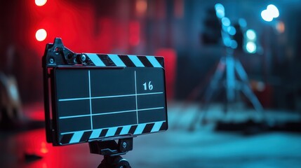 On a film set with clapperboard, cameras and lights ready for action. A cinematic environment showcasing the behind-the-scenes of professional film 