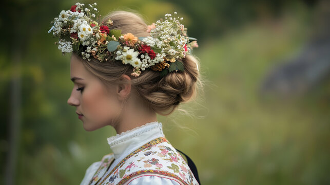 Panna młoda w tradycyjnym norweskim bunadzie, kt&oacute;ry łączy elegancję z autentycznym urokiem folkloru.