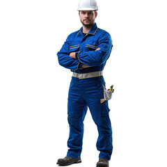 Naklejka premium A confident male engineer, arms crossed, wearing blue workwear and a white safety helmet on a transparent background PNG