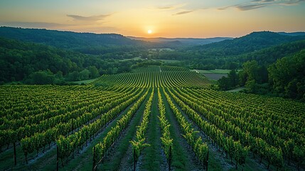 Naklejka premium Aerial view of a vineyard with rows of grapevines