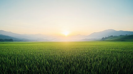 Fototapeta premium A serene sunrise over lush green rice fields and mountains in the background.