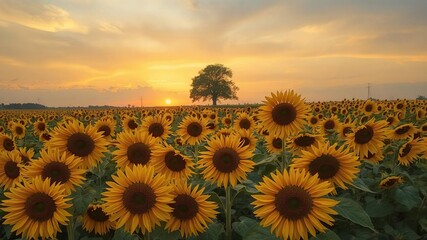 Obraz premium Field of vibrant blooming sunflowers contrasting against a dramatic sunset sky with a solitary tree in the background, vibrant, colorful, peaceful