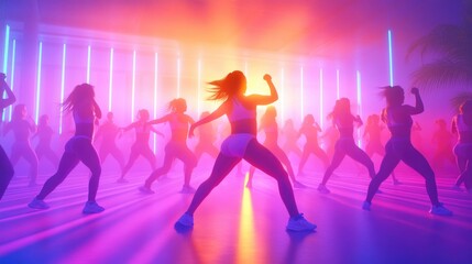 Energetic dance class with diverse group in vibrant colorful fitness studio atmosphere