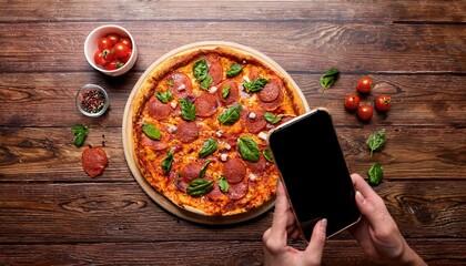 A person taking a photo with his mobile phone of an appetizing pizza from above.