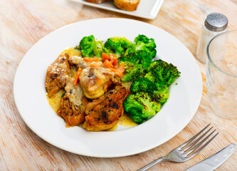 Fried chicken fillet served on plate with broccoli. Hearty healthy lunch