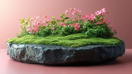 A lush patch of green moss and pink flowers growing on a dark grey rock against a light pink background.
