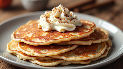 Golden buckwheat pancakes with whipped cream on white plate