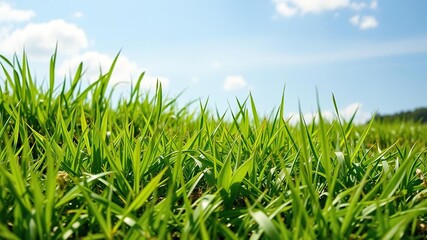 Obraz premium Freshly cut grass and greenery against a bright and airy summer sky, foliage, greenery